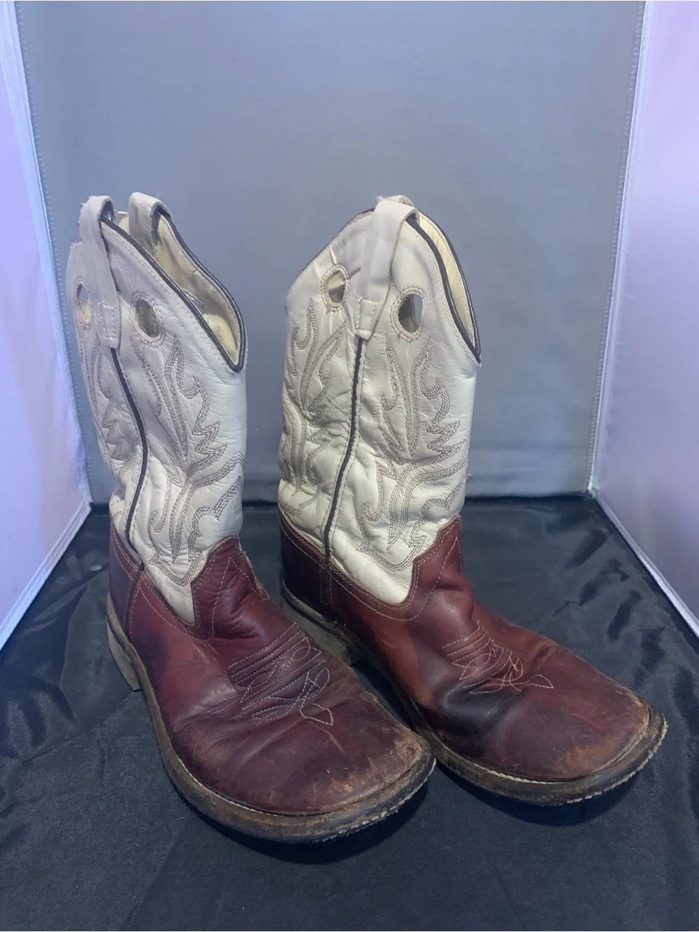 Kid’s ( Unisex ) Old West White and Brown Two-Tone Leather Cowboy Boots